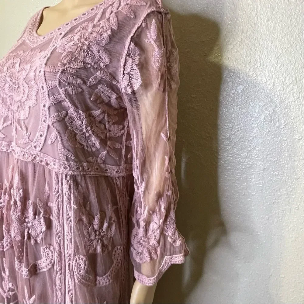Jodifl Boho Hippie Blush Pink Dress Embroidered Sheer Mesh Over Lining Sz M/L